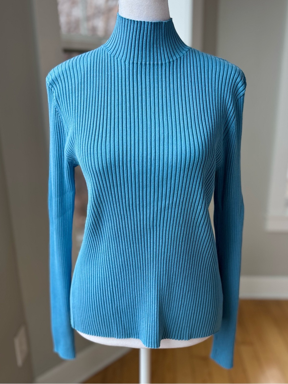 Vintage 90s Chaus Ribbed Mock Neck Sweater in Bright Blue Silk Blend Sz XL